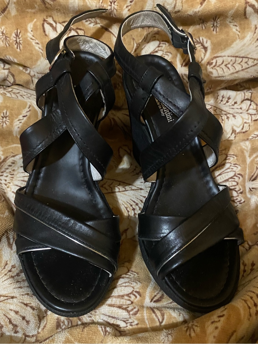 Nero Giardini Made in Italy Black Leather Platform Wedge Sandals 38 Classic Work